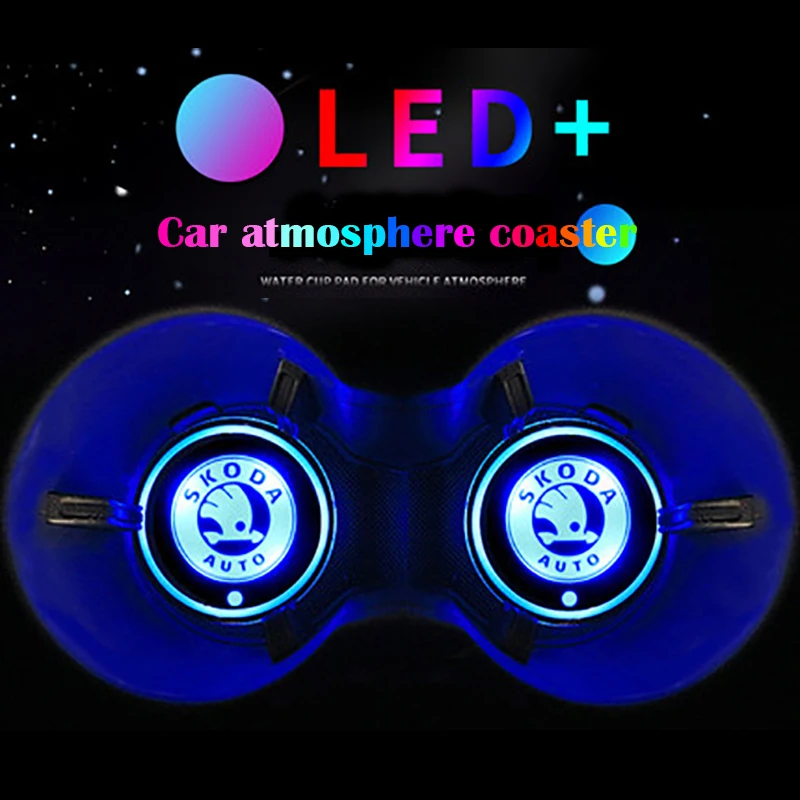  2PCS Car Logo Luminous Light LED Drink Coaster Anti Slip For Skoda rapid fabia yeti kodiaq octavia  - 4000173553127