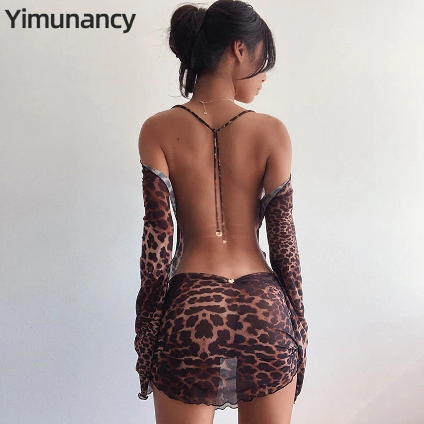 Yimunancy Leopard Print Backless Dress Women Long Sleeve Mesh Dress 2021 Spring Halter Transparent Sexy Club Dress Vestidos long sleeve dress