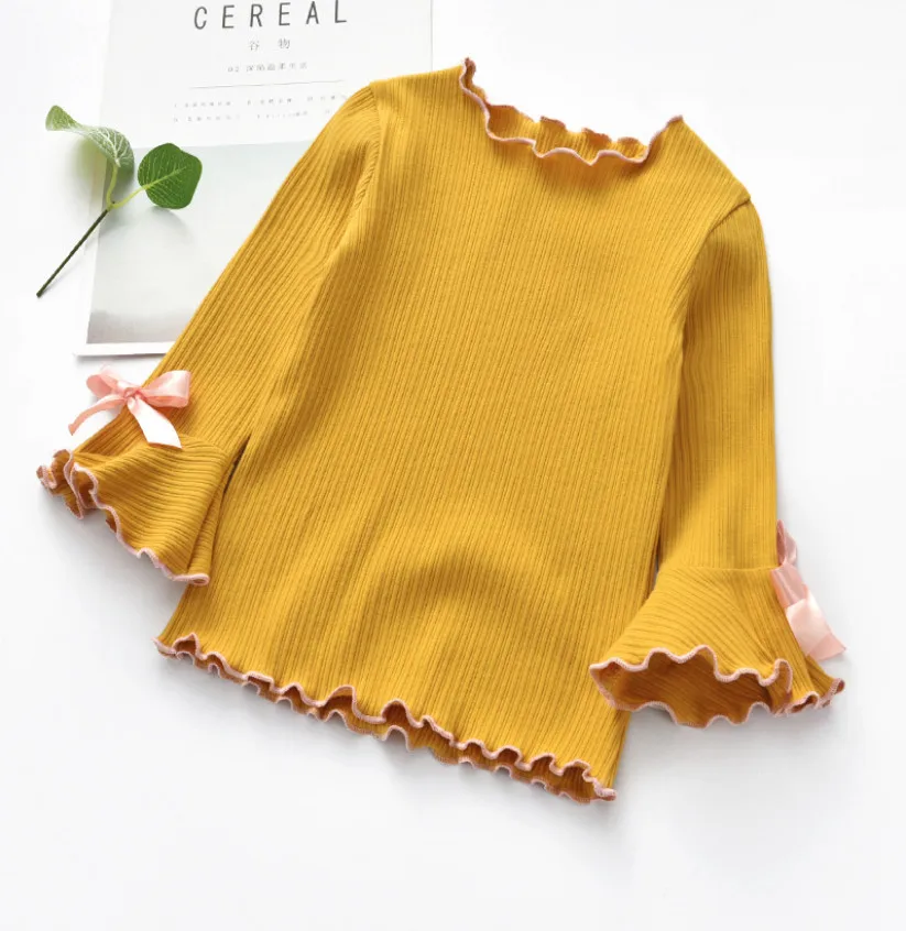 Новые рубашки для девочек на весну-осень-зиму детские топы с длинными рукавами и кружевным бантом для маленьких девочек, футболка детская одежда для малышей, подарки - Цвет: Цвет: желтый