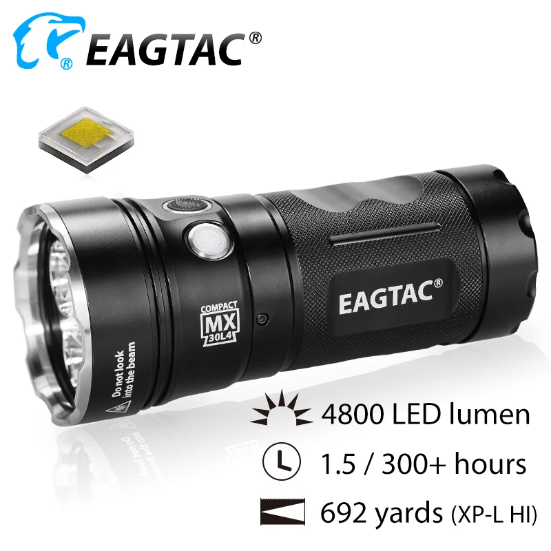 EAGTAC MX30L4C Kit 4800 Lumens Four LED Flashlight Stainless Steel Bezel Tail Switch 18650 CR123A 6500K CRI92 4000K Photographer