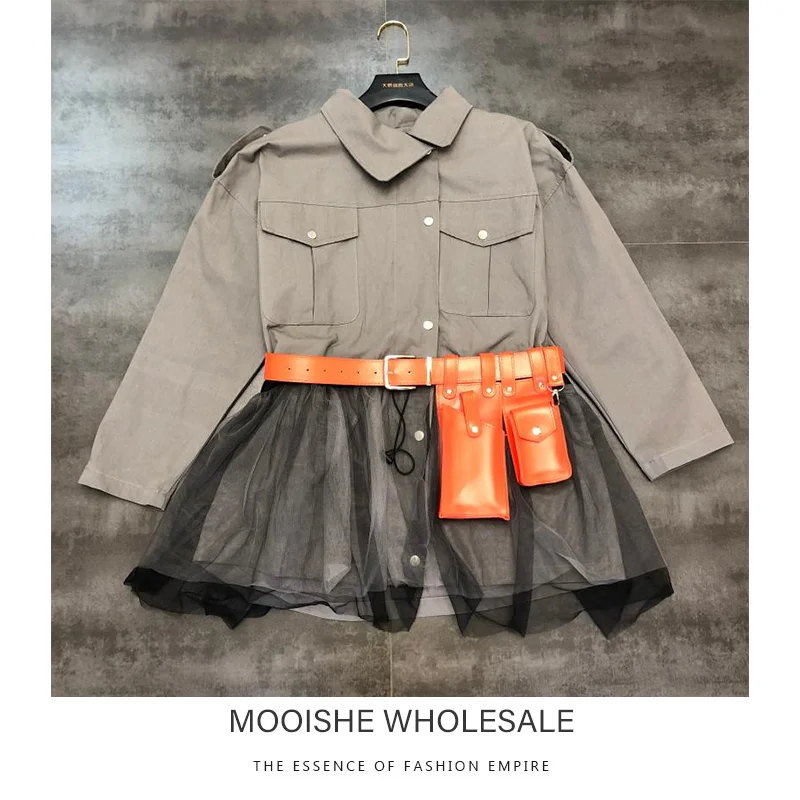 

2019 Autumn New Pockets Design Mesh Fairy Skirt Splicing Drawstring Jacket Small Windbreaker Female