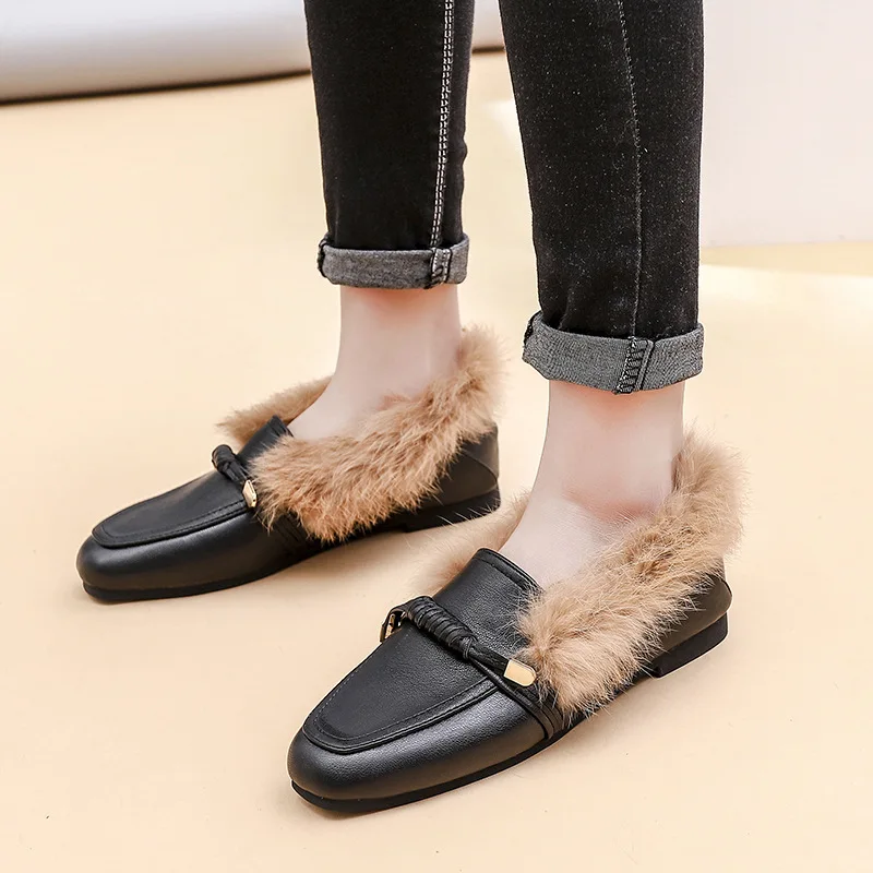 Piel de Conejo perezosos mocasines mujer 2019 negro lazo Nudo pequeños  zapatos de cuero cálido invierno slip on plush oxfords las mujeres creepers| Zapatos planos de mujer| - AliExpress