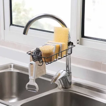 

Kitchen Sink Organizer Iron Storage Rack Shelf Sponges Holder Soap Drying Rack with Hooks Cleaning Cloth Brush Drainer Holder