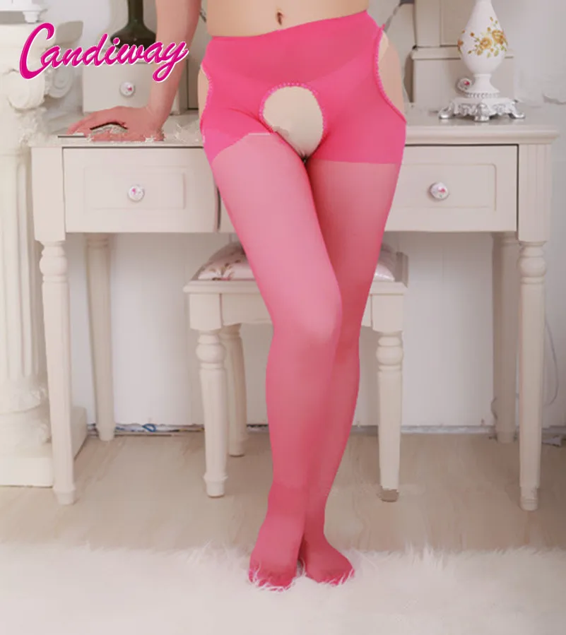 Candiway Women's 5 Colors Elastic Tight Four-Sided Open Crotch Stockings Sexy Transparent High Waist Pantyhose 1Pair
