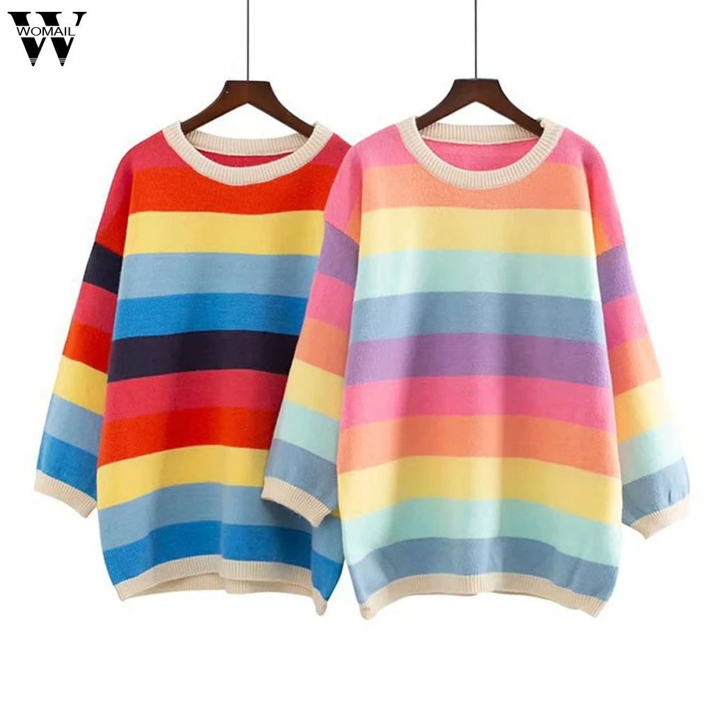 Womail Rainbow Stripe Casual jersey mujer invierno Winter fashion knit sweater women tops O-Neck Loose Long pull femme nouveaute