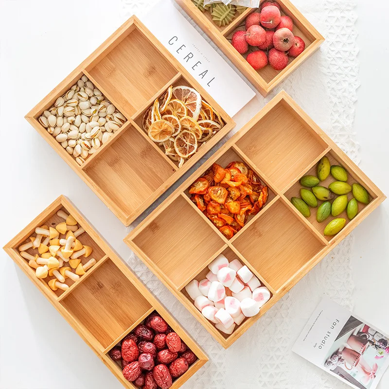 

Bamboo Wood Creative Dried Fruit Box 2/3/4/6/9 Grids Nut Candy Container Divided Snack Dried Fruit Tray