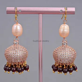 

GG Jewelry 2.1" Pink Pearl Garnet Earrings CZ Fitting