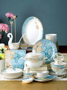 

New Chinese Ceramic Dinner Set Royal High End Bone China Tableware Steak Fish Plate 10 People Use Bowl Saucer Set Excellent Porc