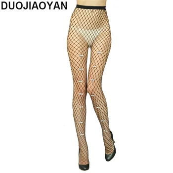 

DUOJIAOYAN Women Sexy Lingerie Stripe Acrylic Drilling Elastic Stockings Black Fishnet Stocking Rhinestone Bow Tights Pantyhose
