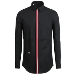 Camisa de manga comprida masculina nova pequena abelha bordado hit color camisa de tamanho pequeno preto e branco camisa de marca na moda para homem