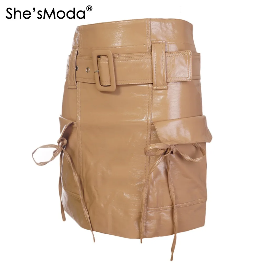 She'sModa яркие из искусственной кожи Карманный ремень женские вечерние карандаш прямая мини-юбка