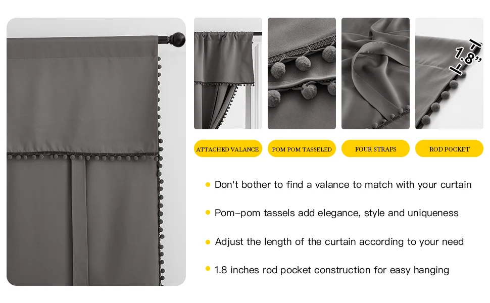 NICETOWN Tie Up Shade Rod Pocket Blackout Curtain with Small Ball Modern European and American Style for Kitchen Small Window