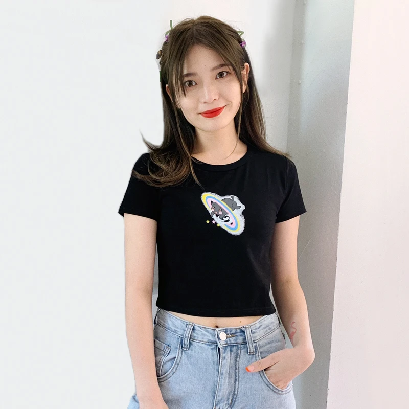 Women Rainbow Puppy Print Cropped Fit T-shirt Short Sleeve Crop Tee | Женская одежда