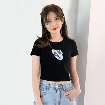 

Women Rainbow Puppy Print Cropped Fit T-shirt Short Sleeve Crop Tee