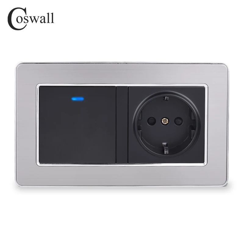 Coswall EU Standard Wall Socket+ 1 Gang 2 Way On / Off Pass Through Light Switch With LED Indicator Stainless Steel Frame - Type: Black