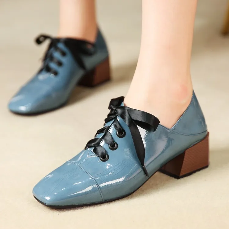 

SOURCE Pq715-8 Square Head Chunky-Heel Patent Cowhide Simple Europe And America Genuine Leather Low-top Shoes Semi-high Heeled L