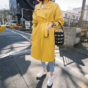 

Fashion Spring Fall Women Korean With Belt Trench Coat Female Clothes 2019 Slim Yellow Long Trench Outerwear Streetwear