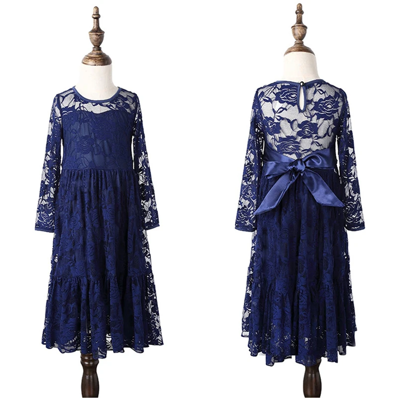 2 -12 Yrs Baby Girl Lace Maxi Dress Big Bow Long Sleeve Elegant Flower Princess Party Wedding Evening Frocks Prom Dresses Girls