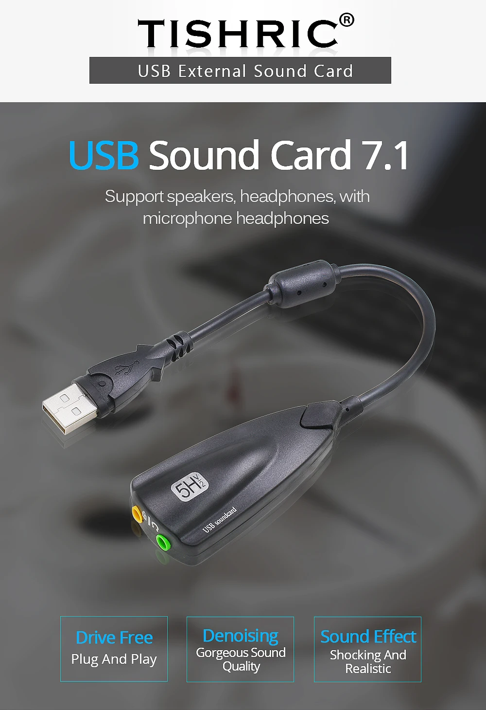 TISHRIC 5HV2 USB внешняя звуковая карта 7,1 с 3,5 мм USB Аудио Адаптер гарнитура микрофон Звуковая карта для ноутбука ПК Профессиональный