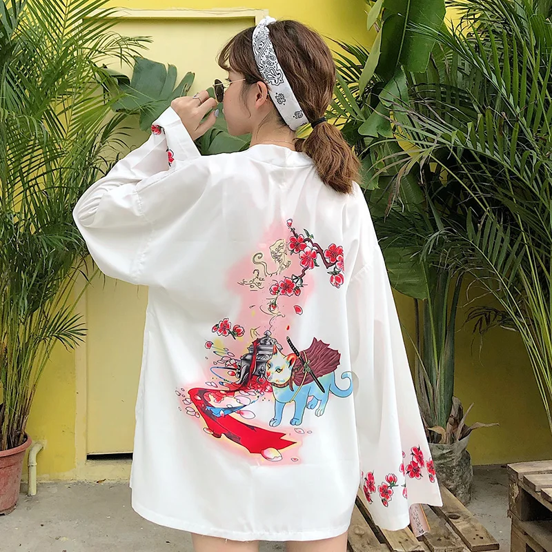 Yukata женский японский кимоно кардиган с принтом кота с длинным рукавом рубашка повседневные кимоно Femme азиатские Кимоно костюмы косплей Kawaii - Цвет: as picture