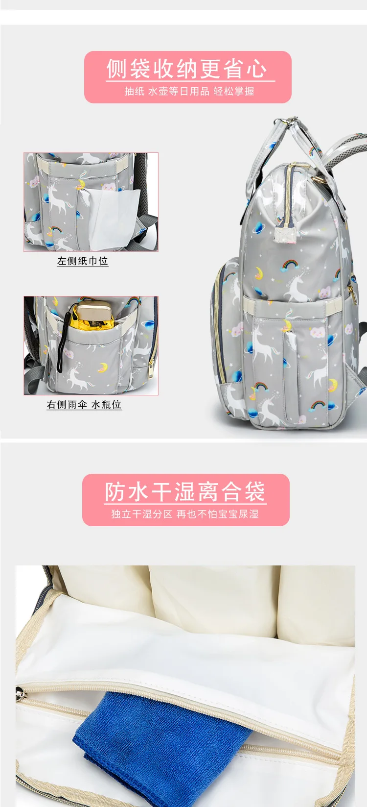 QINDU Stripes Waterproof Mummy Diaper Bags Handbag Large Capacity Maternity Nursing Baby Bag for Mom Nappy Backpacks