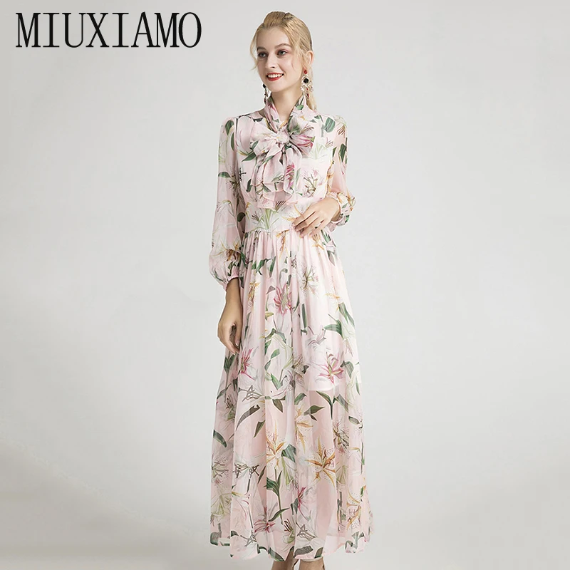 MIUXIMAO высокое качество осеннее платье новейшая мода полный Лилия цветочный принт повседневное длинное платье для женщин vestidos с поясом