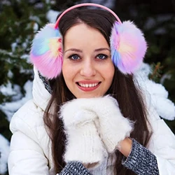 Soft Plush Earmuff Iridescent Gradient Multicolor Ear Warmers Winter Ear Muffs for Women Girls Auroral Color Christmas