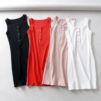 

2019 Summer Fashion Sexy Pullover Crew Neck Single-Breasted Solid Color High-waisted One-step Skirt Dress Sheath Short Skirt