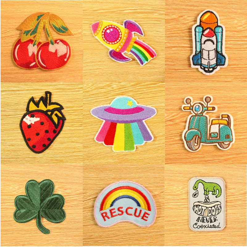 

DIY Cartoon UFO Rainbow Stickers Iron On Patches For Clothing Spaceship Embroidered Patches For Kids Clover Cloth Stripes Patch