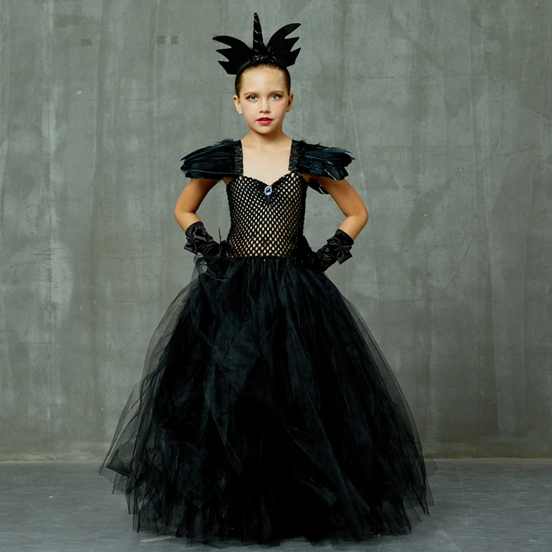Angel of Darkness Black Fancy Girls Tutu Dress Elegant Princess Girl Birthday Party Halloween Costume Wings Kids Ball Gown Dress
