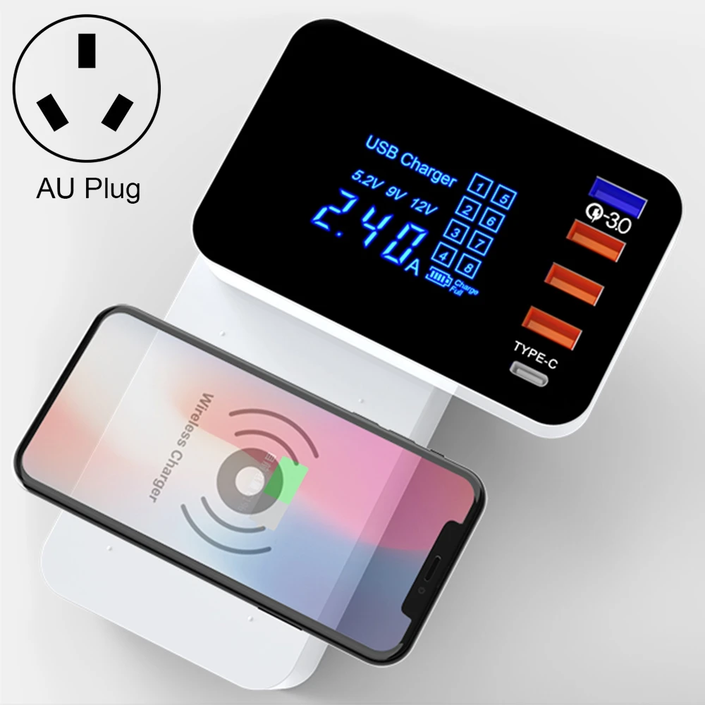 Австралия (AU) 40 Вт QC 3,0 usb порты+ 3 usb порта+ USB-C/type-C порты+ Беспроводная зарядка многофункциональное складное зарядное устройство с светодиодный дисплеем - Тип штекера: Австралия (AU)