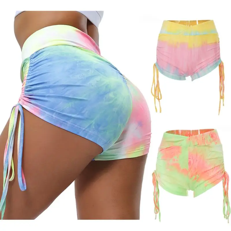 Women Cross Front High Waist Sport Shorts Rainbow Tie-Dye Workout Running Leggings Ruched Drawstring Butt Lifingt Tights photo