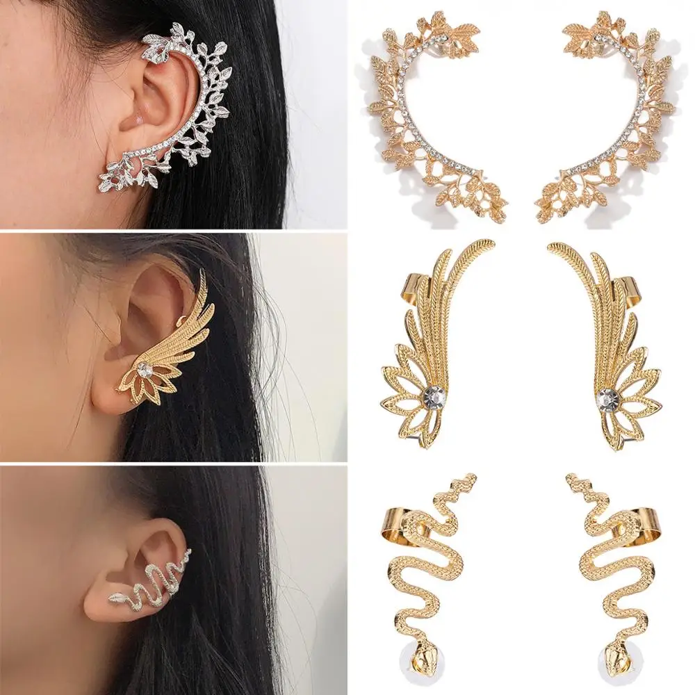 Женские серьги в виде листьев готические золотого цвета с изогнутыми перьями