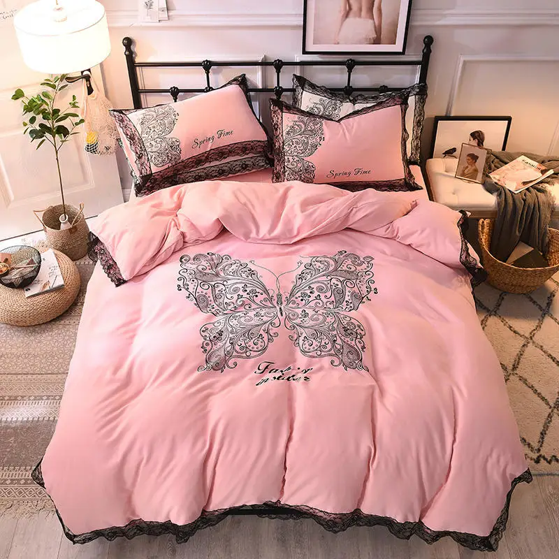 

new 100% Washed cotton Bedding Sets Duvet Cover flat/fitted sheet Queen King Size Thicken butterfly embroidery lace 4pcs