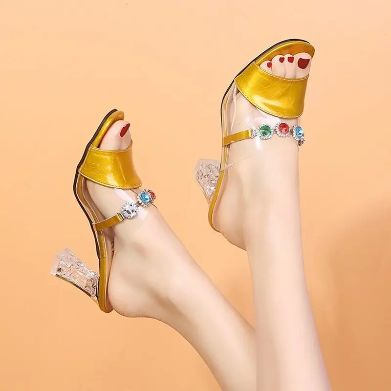 

Crystal heel women's shoes new summer women's open-toed slippers transparent female drag colored diamond sandals thick with wild