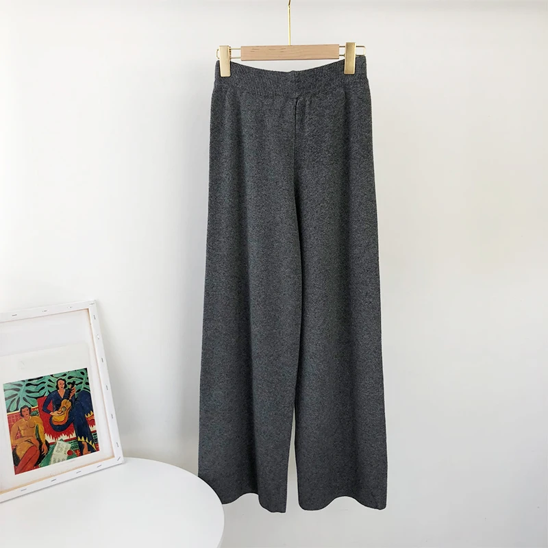 Aachoae 2020 Lady Solid Knit Pants Loose Wide Leg Long Length Pants Female Drawstring Casual Office Home Wear Trousers Pantalon