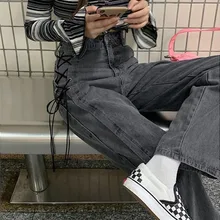 Pantalones vaqueros Vintage de cintura alta para mujer, pantalón de pierna ancha de gran tamaño con cordones, ropa de calle holgada de verano, ropa Retro negra y azul, XS XXL