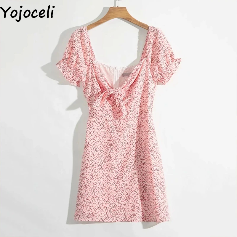 Yojoceli, элегантное короткое платье с бантом и цветочным принтом, женское летнее пляжное повседневное Крутое платье, женские платья, милые сексуальные повседневные платья - Цвет: Розовый