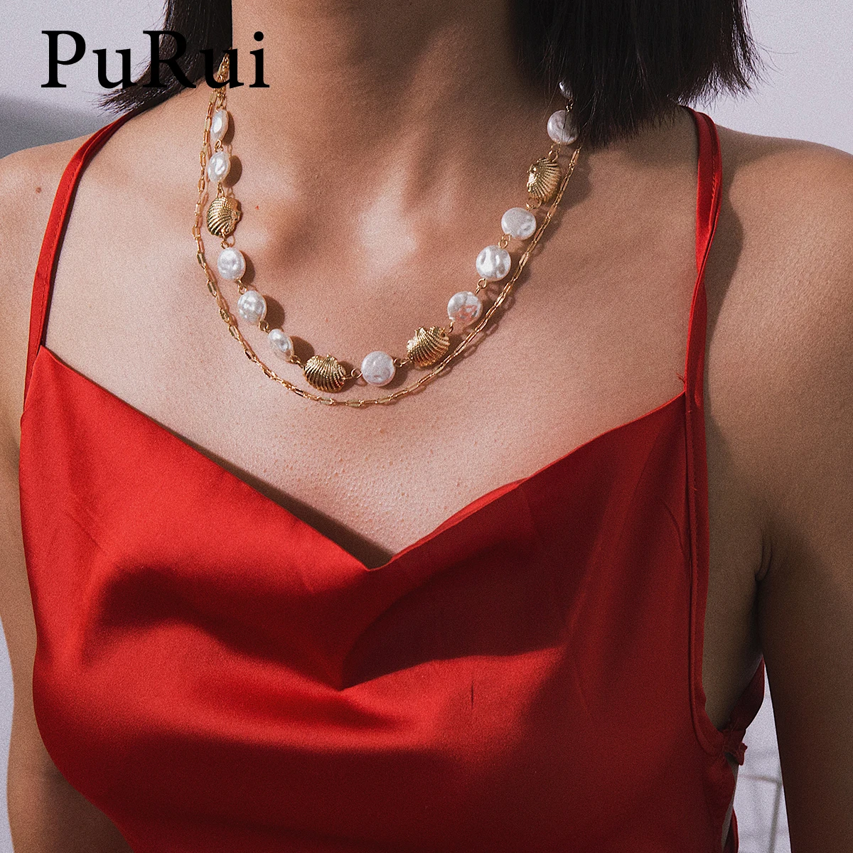 

PuRui Golden Shell Charm Beads Chain Necklace Imitation Pearl Choker Necklace for Women Multi Layer Pendants Fashion Jewelry