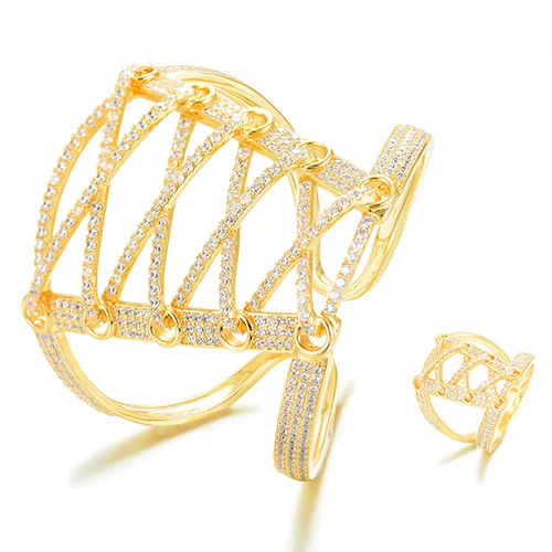 Gold SISCATHY 2 шт. Мода открыть широкий корсет браслет Браслеты/кольцо класса люкс микро кубического циркония для девочек Для женщин Патри Наборы свадебных ювелирных изделий - Окраска металла: Gold
