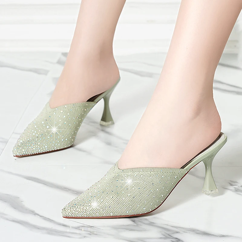 

Shiny Rhinestone Knit Stretch Fabric High Heel Slippers Women Summer Shoes Breathable Elastic Pointed Toe Mules Shoes Women