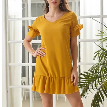 

Free ShippingRuffle Summer Dress 2020 Beach Sexy Mini Short Sleeve Loose Dress Casual Solid Yellow Plus Size Party Mini Dress