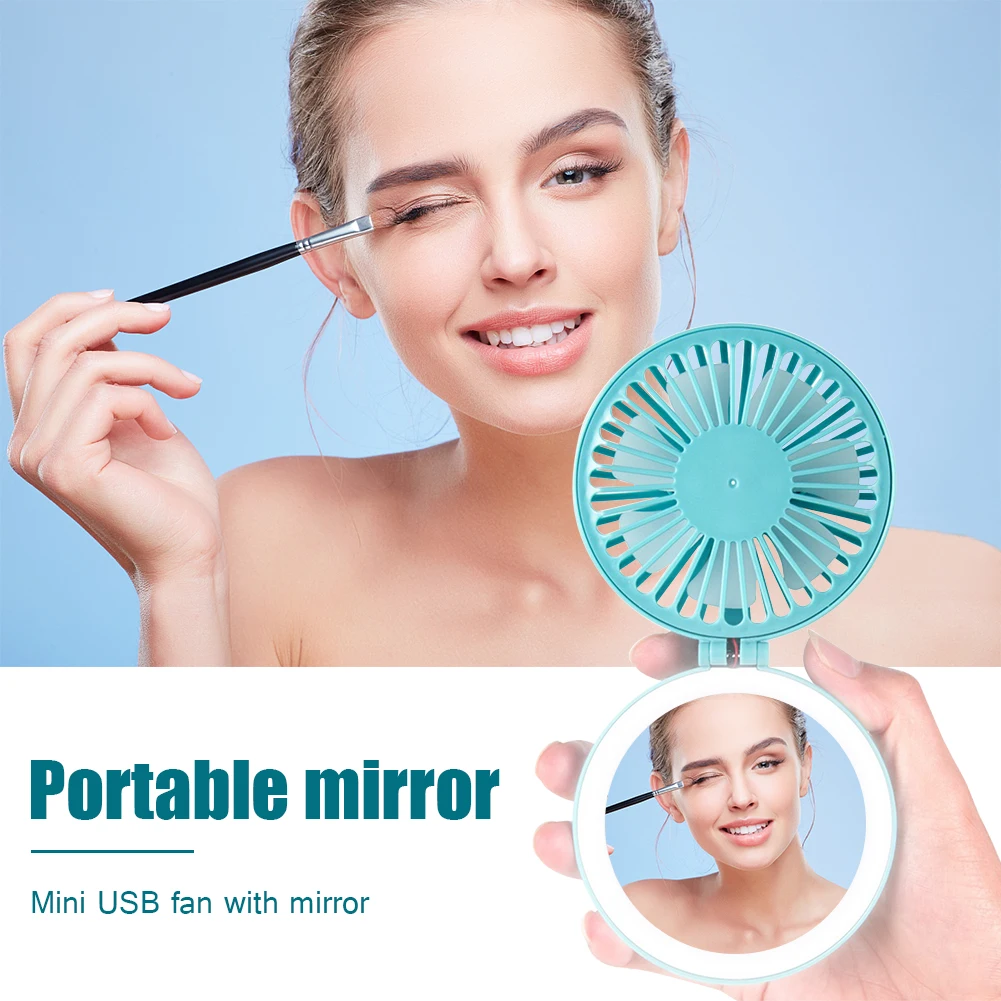 Portable Mini USB Fan 3 Speed Foldable With Cosmetic Beauty Mirror Cooling Fan 3 Modes Rechargeable Fan Multifunction