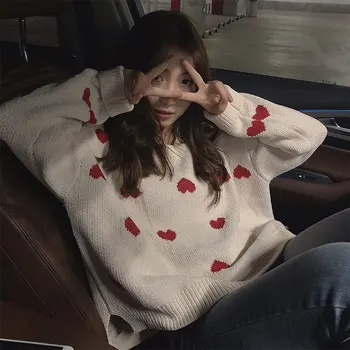 

Autumn Sweet Sweater Women Love Printed Long Sleeve O-neck Loose Pullover 2019 Harajuku Korean Cute Stuff Casual Sweater Female