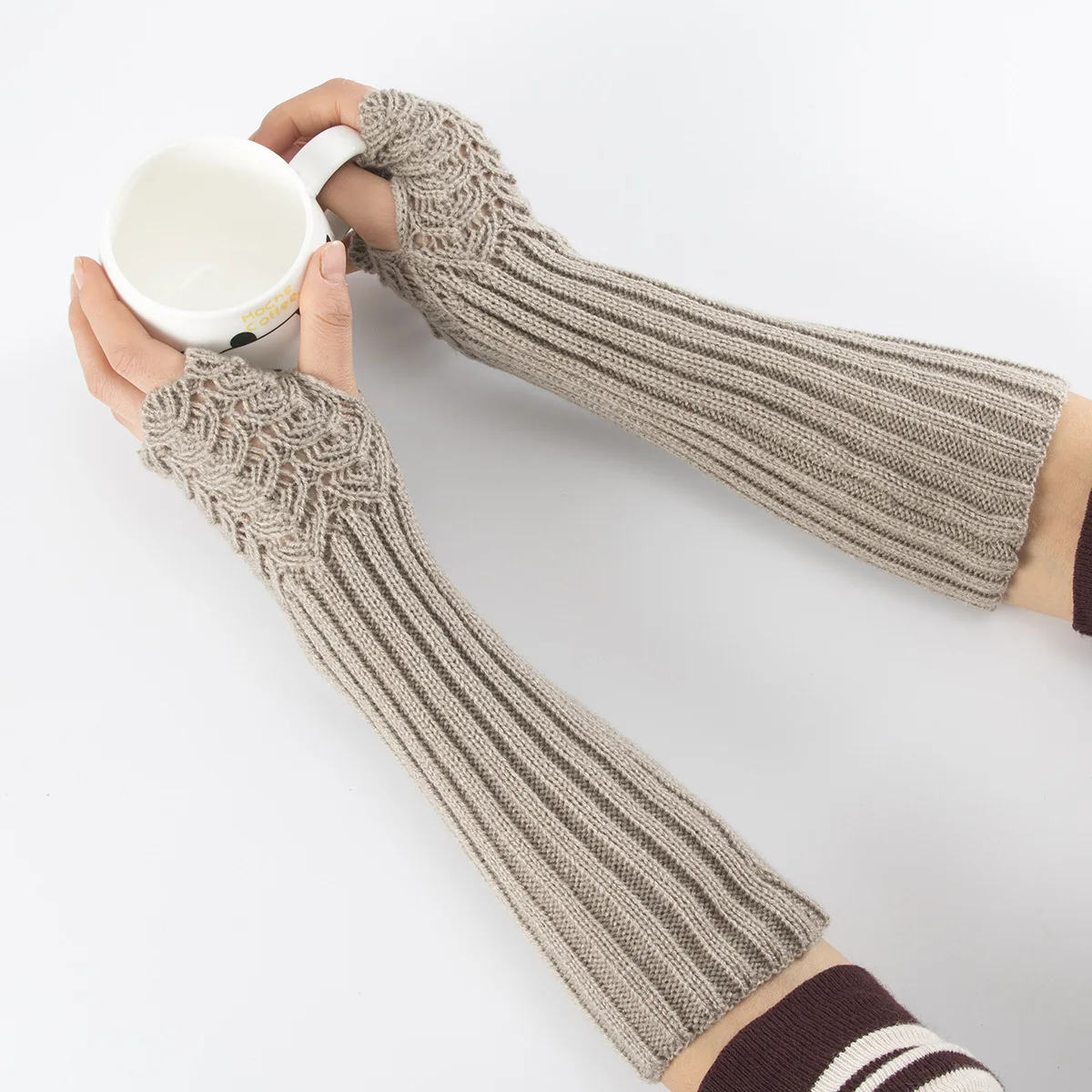 Женские зимние кашемировые теплые перчатки без пальцев длинные однотонные перчатки теплые варежки локоть пряжа вязаные рукава 50 см перчатки