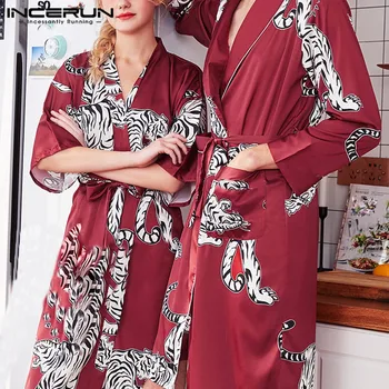 

INCERUN 2020 Women Men Tiger Print Long Sleeve Satin Sleepwear Fashion Homwear Lapel Belt Pajamas Comfort Dressing Gown Bathrobe