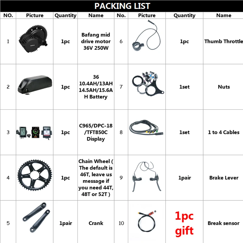 Комплект для электровелосипеда с батареей 36 в 250 Вт комплект для мотора Bafang 36 В 10,4/13/14,5/15.6ah литиевая батарея комплект для преобразования электрического велосипеда BBS01B