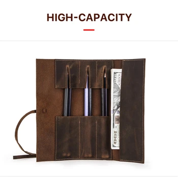 

Leather Roll Pen Pouch Vintage Roll-Up Pencil Case Storage Bag Pen Curtain Bag