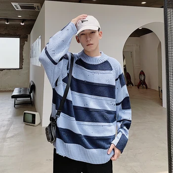 

Men's sweater 2019 autumn and winter new casual striped loose bottoming shirt long-sleeved sweater youth fashion men's clothing