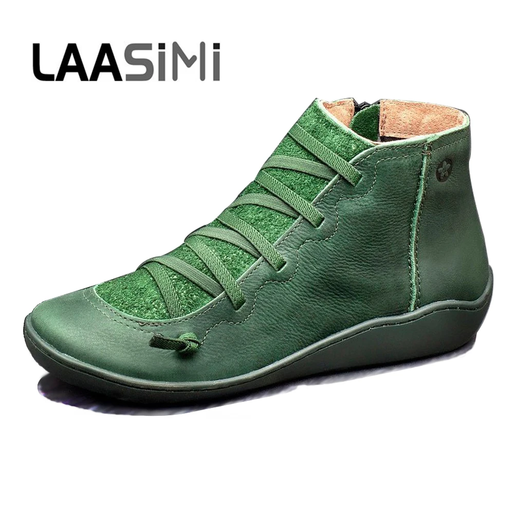 

LAASIMI 2019 New Arch Support Retro Women Boots PU Leather Ankle Boots Vintage Women Rubber Shoes Autumn/Winter Dropshipping